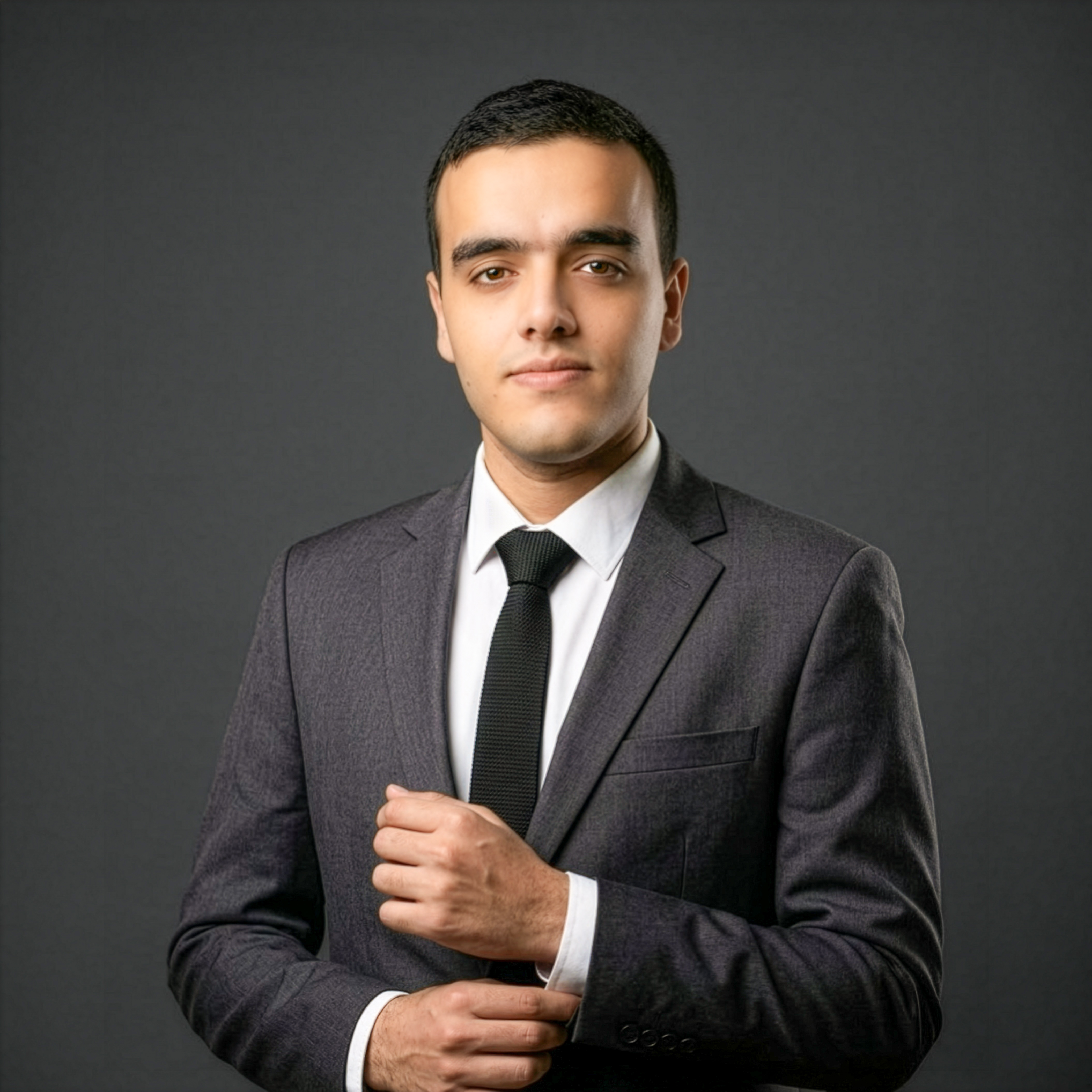 Awwad Shakshak in a charcoal suit, adjusting his cuff